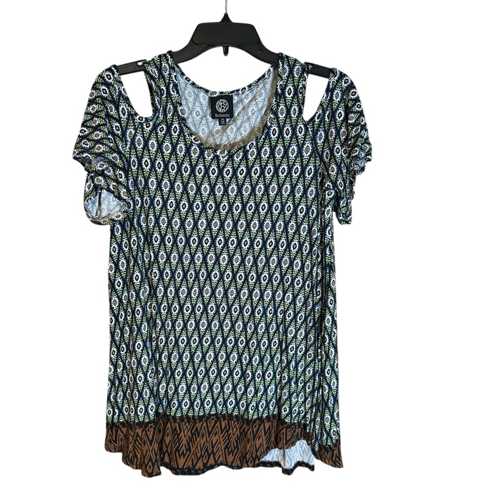 Bobeau Y2K
Womens Cold Shoulder Printed Top Blouse‎ Medium Boho Layered Hem USA